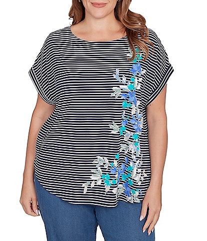 Ruby Rd. Plus Size Soft Jersey Knit Floral Stripe Boat Neck Short Cuff Sleeve Top