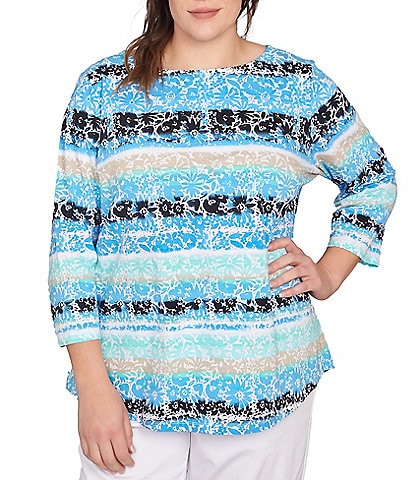 Ruby Rd. Plus Size Soft Jersey Knit Mixed Floral Watercolor Stripe Boat Neck 3/4 Sleeve Top