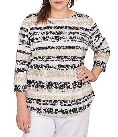 Ruby Rd. Plus Size Soft Jersey Knit Mixed Floral Watercolor Stripe Boat Neck 3/4 Sleeve Top