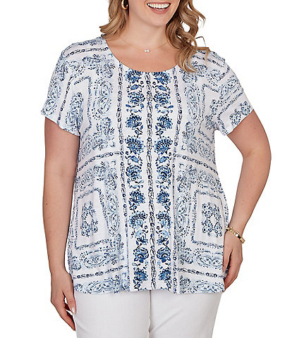 Ruby Rd. Plus Size Soft Knit Bandana Scoop Neck Short Sleeve Top