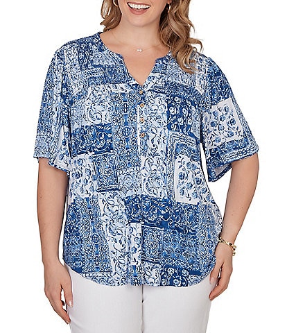 Ruby Rd. Plus Size Soft Knit Patchwork Print Split V-Neck Short Sleeve Tee Top