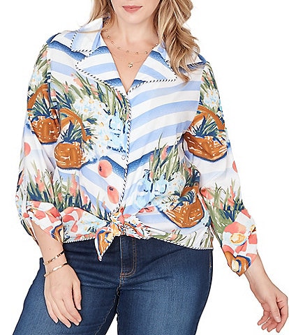 Ruby Rd. Plus Size Soft Poplin Woven Conversational Print Collared 3/4 Sleeve Picnic Top