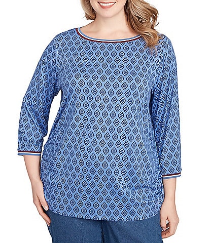 Ruby Rd. Plus Size Soft Stretch Jersey Printed Crew Neck 3/4 Sleeve Stripe-Tipped Trim Side Ruched Top