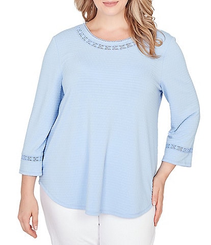 Ruby Rd. Plus Size Soft Textured Knit Crew Neck 3/4 Sleeve Lace Trim Top