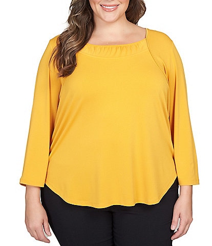 Ruby Rd. Plus Size Solid Crepe Knit Gathered Scoop Neck 3/4 Sleeve Top