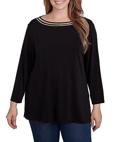 Ruby Rd. Plus Size Solid Embellished Boat Neck 3/4 Sleeve Knit Top