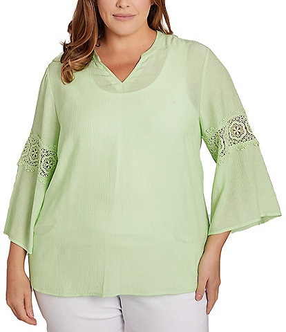 Ruby Rd. Plus Size Solid Split V-Neck Lace Inset 3/4 Bell Sleeve Sleeve Top