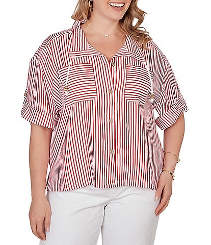 Ruby Rd. Plus Size Spliced Stripe Spread Collar 3/4 Roll-Tab Sleeve Button-Front Jacket