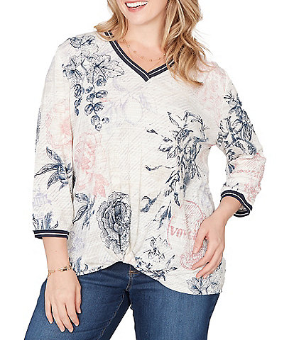 Ruby Rd. Plus Size Stamp Botanical Floral V-Neck 3/4 Sleeve Knit Top