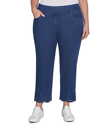 Ruby Rd. Plus Size Straight Leg Embroidered Scalloped Eyelet Hem Denim Pull-On Jeans