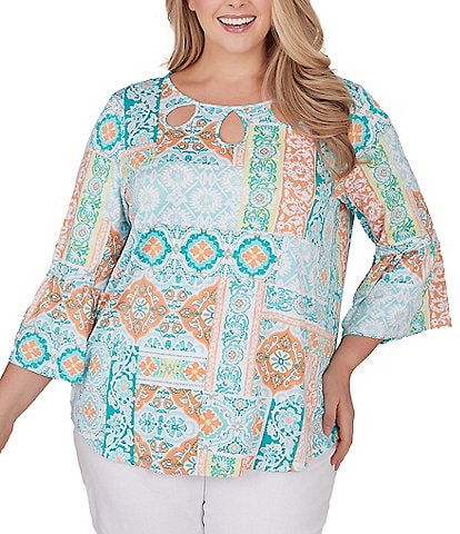 Ruby Rd. Plus Size Stretch Crepe Knit Printed Cut-Out Crew Neck 3/4 Sleeve Top