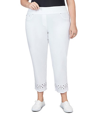 Ruby Rd. Plus Size Stretch Denim Embroidered Eyelet Frayed Hem Pull-On Ankle Pants