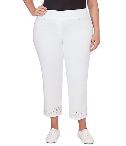 Ruby Rd. Plus Size Stretch Denim Embroidered Eyelet Hem Pull-On Ankle Jeans