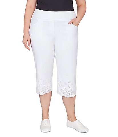 Ruby Rd. Plus Size Stretch Embroidered Eyelet Hem Pull-On Capri Pants