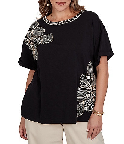 Ruby Rd. Plus Size Stretch Knit Embroidered Floral Boat Neck Short Sleeve Tee