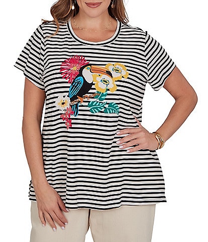 Ruby Rd. Plus Size Stretch Knit Stripe Toucan Heat-Set Embroidered Scoop Neck Short Sleeve Tee