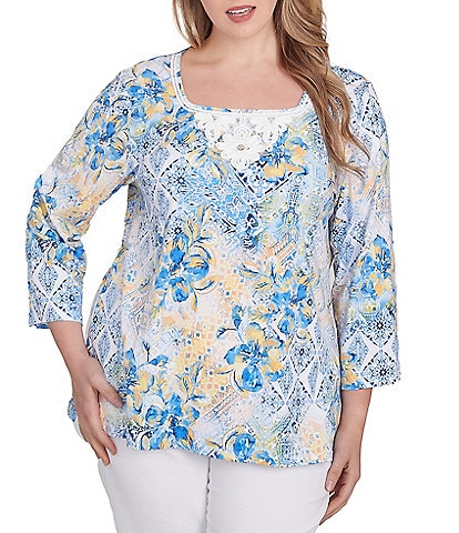 Ruby Rd. Plus Size Stretch Knit Watercolor Mixed Print Square Neck 3/4 Sleeve Top