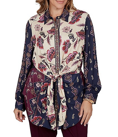 Ruby Rd. Plus Size Stretch Twill Garden Floral Point Collar Long Sleeve Button Front Shirt