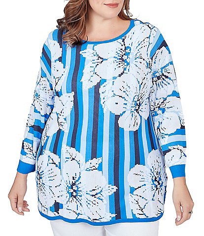 Ruby Rd. Plus Size Stripe Floral Placement Print Scoop Neck 3/4 Sleeve Pullover Top
