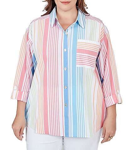 Ruby Rd. Plus Size Stripe Print Point Collar Patch Pocket Roll-Tab Sleeve Button-Front Boyfriend Shirt