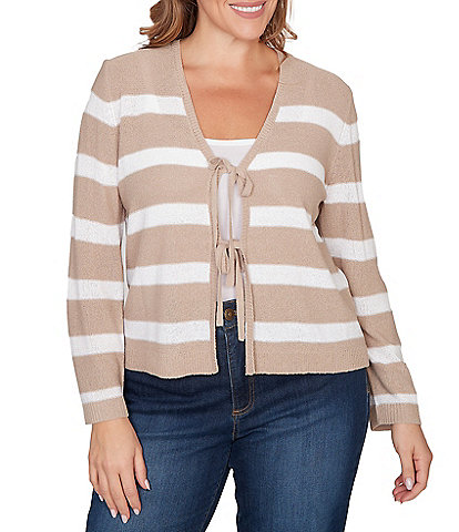 Ruby Rd. Plus Size Stripe V-Neck Long Sleeve Tie-Front Sweater