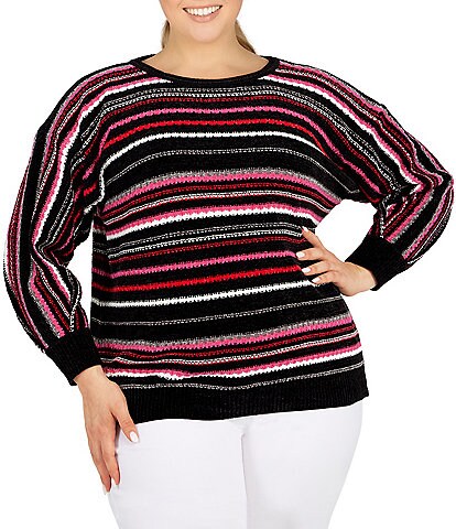 Ruby Rd. Plus Size Striped Cozy Chenille Crew Neck Long Sleeve Rib Hem Sweater