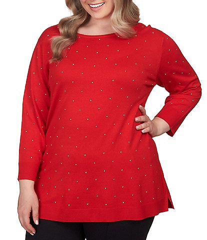 Ruby Rd. Plus Size Stud Embellished Detail Crew Neck Side Vent Hem Tunic Sweater
