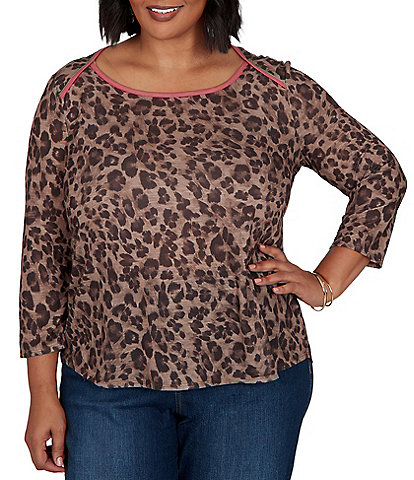 Ruby Rd. Plus Size Sublimation Knit Cheetah Scoop Neck 3/4 Sleeve Solid Trim Pullover