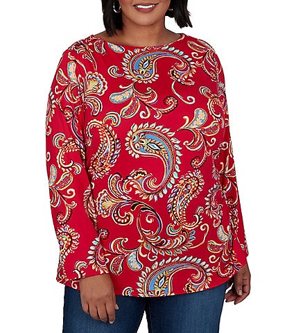 Ruby Rd. Plus Size Sueded Stretch Knit Whimsical Paisley V-Neck Long Sleeve Side Ruched Top