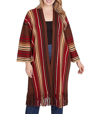 Ruby Rd. Plus Size Sweater Knit Multi-Stripe Print Bracelet Sleeve Open-Front Fringed Hem Cardigan