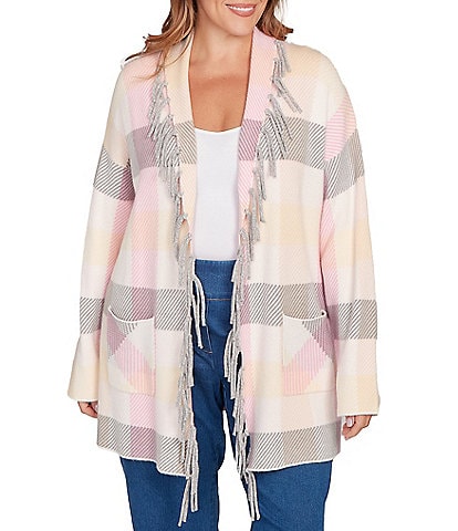 Ruby Rd. Plus Size Sweet Plaid Print Shawl Collar Fringe Open-Front Cozy Cardigan