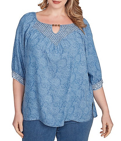 Ruby Rd. Plus Size Tencel™ Embroidered Allover Printed Keyhole Neck Elbow Tie Sleeve Top