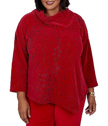 Ruby Rd. Plus Size Textured Animal Jacquard Split Cowl Neck 3/4 Sleeve Asymmetric Hem Sweater