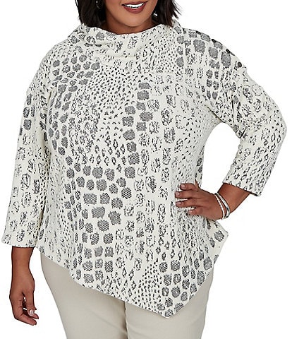 Ruby Rd. Plus Size Textured Animal Jacquard Split Cowl Neck 3/4 Sleeve Asymmetric Hem Sweater