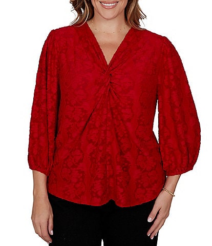 Ruby Rd. Plus Size Textured Floral Clip Jacquard V-Neck 3/4 Sleeve Top