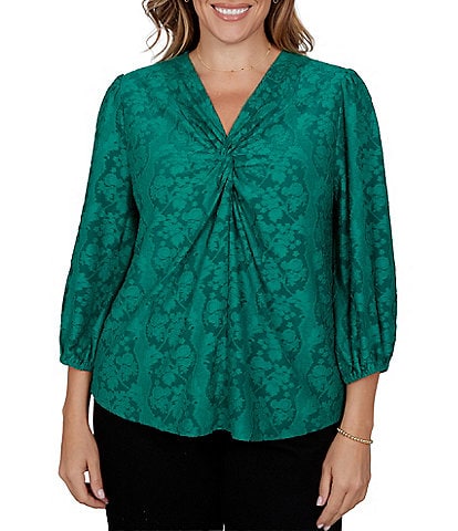 Ruby Rd. Plus Size Textured Floral Clip Jacquard V-Neck 3/4 Sleeve Top