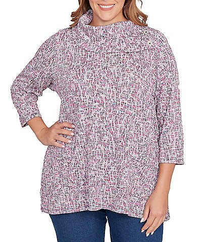 Ruby Rd. Plus Size Textured Jacquard Knit Space-Dyed Print Cowl Neck 3/4 Sleeve Sweater