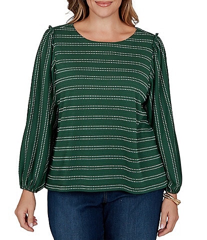 Ruby Rd. Plus Size Textured Knit Dobby Stripe Scoop Neck Bracelet Length Sleeve Top