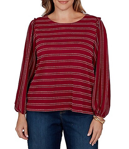 Ruby Rd. Plus Size Textured Knit Dobby Stripe Crew Neck Bracelet Length Sleeve Top