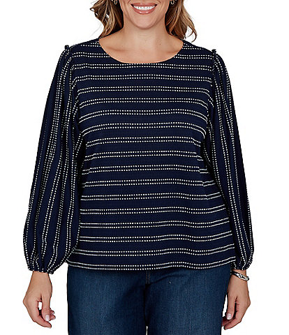 Ruby Rd. Plus Size Textured Knit Dobby Stripe Crew Neck Bracelet Length Sleeve Top