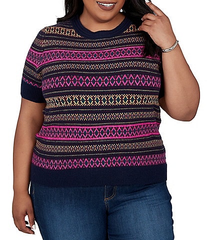 Ruby Rd. Plus Size Textured Knit Fair Isle Boat Neck Short Sleeve Ribbed Sweater
