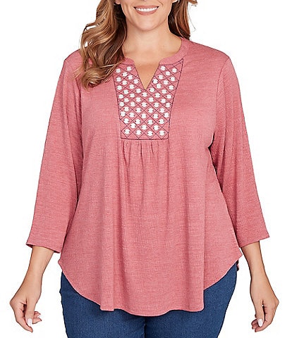 Ruby Rd. Plus Size Textured Knit Split V-Neck 3/4 Sleeve Top
