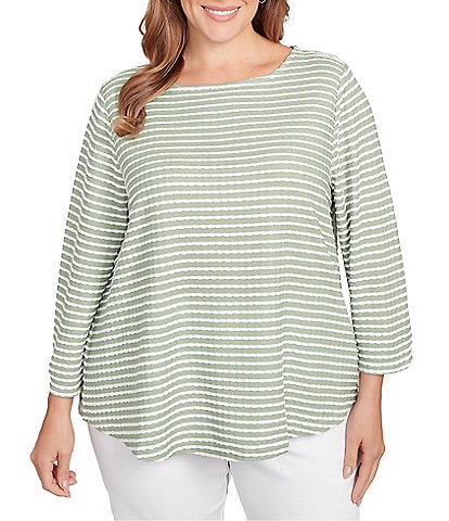 Ruby Rd. Plus Size Textured Knit Stripe Print Square Neck 3/4 Sleeve Top