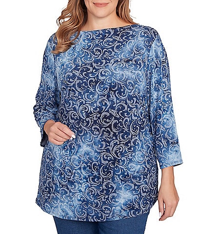 Ruby Rd. Plus Size Textured Knit Tie-Dye Scroll Floral Boat Neck 3/4 Sleeve Top