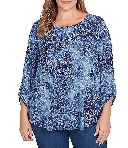 Ruby Rd. Plus Size Textured Knit Tie-Dye Scroll Floral Burnout Boat Neck 3/4 Roll-Tab Sleeve Top