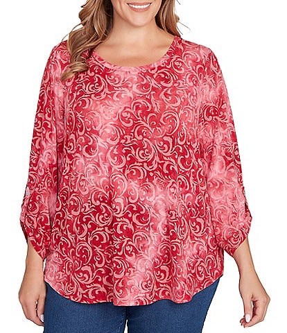 Ruby Rd. Plus Size Textured Knit Tie-Dye Scroll Floral Burnout Boat Neck 3/4 Roll-Tab Sleeve Top