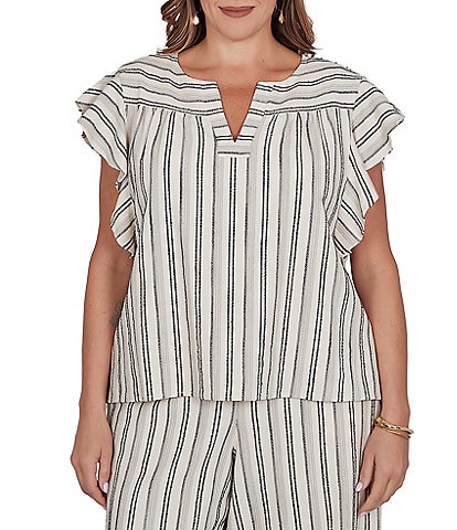 Ruby Rd. Plus Size Textured Stripe Split V-Neck Short Flutter Sleeve Coordinating Top
