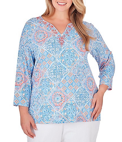 Ruby Rd. Plus Size Tile Print Knit Embroidered Notch Neck 3/4 Sleeve Top