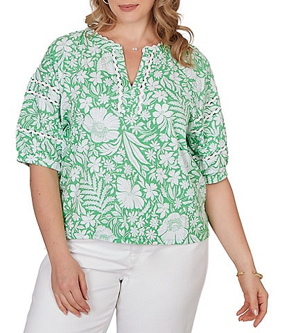 Ruby Rd. Plus Size Tropical Floral Split V-Neck Elbow Sleeve Top