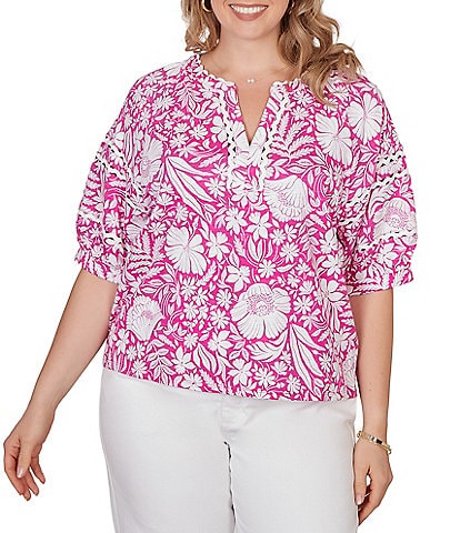 Ruby Rd. Plus Size Tropical Floral Split V-Neck Elbow Sleeve Top